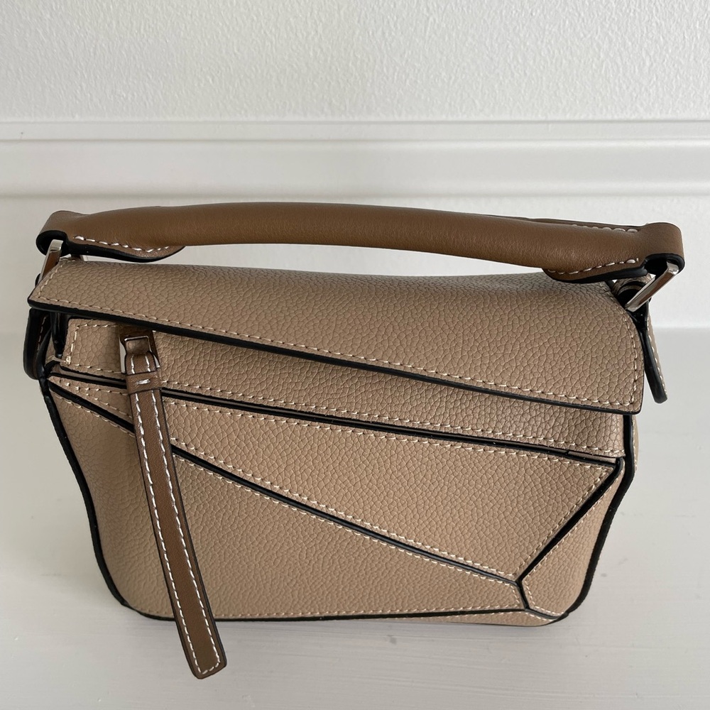 Mini Geo Panel Structured Bicolor Top Handle Bag - Taupe & Brown - Picture 8 of 14